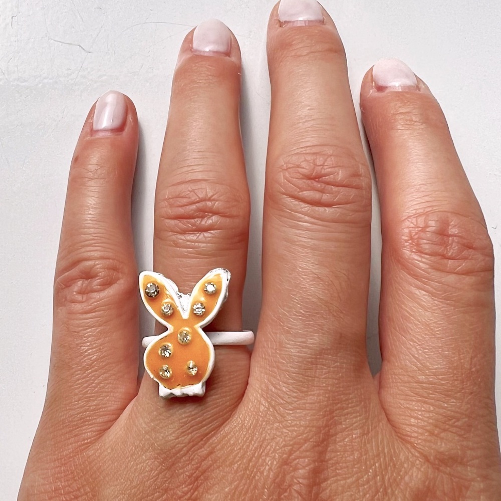 Vintage 90’s white, orange & rhinestone Playboy Bunny ring